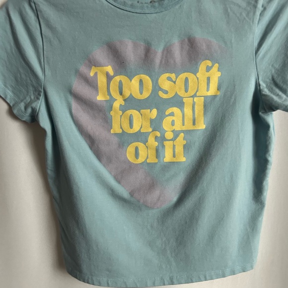 Taylor Swift blue cropped Tee with Yellow Text Too Soft For All of It - Picture 1 of 4